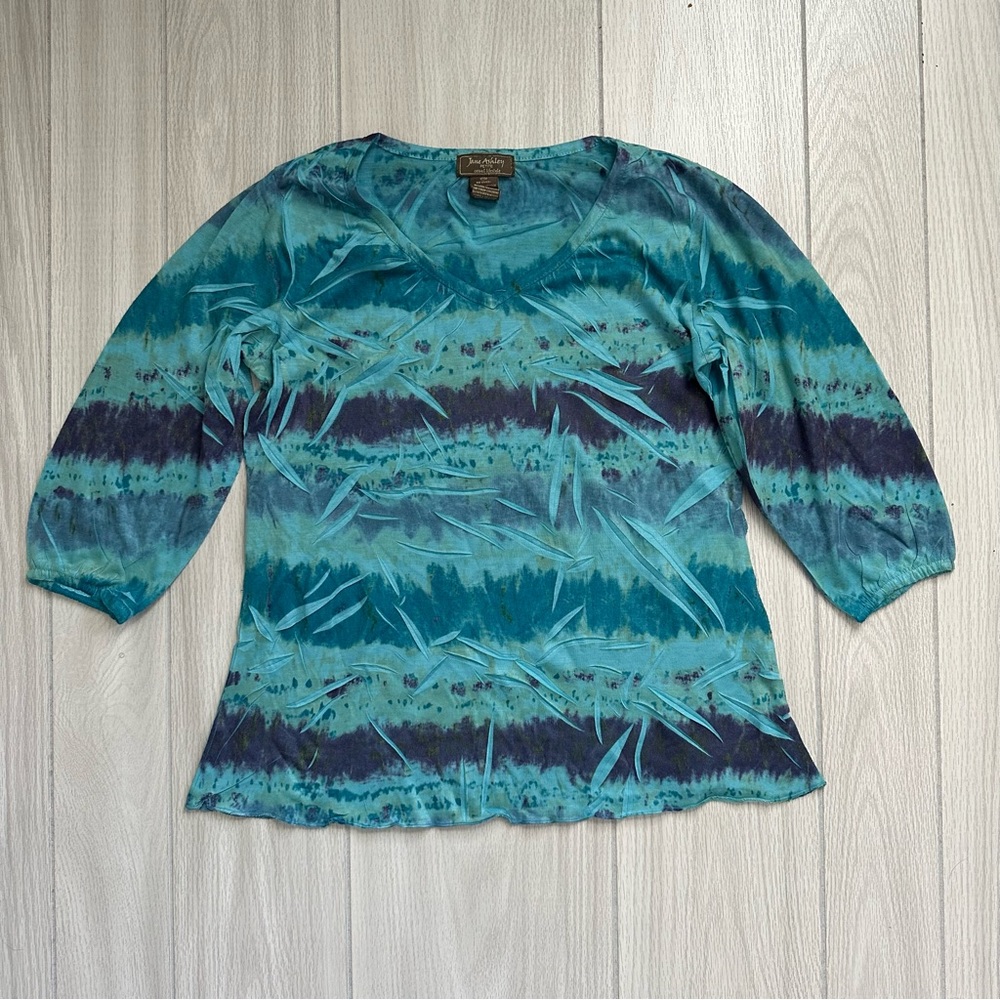 Jane Ashley petite V-neck, blue and teal soft casual short sleeve